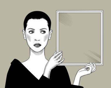 Kısa saçlı bir kadın, camla dikdörtgen bir çerçeve tutuyor. Vintage oyma stili çizim. Retro konsept poster ve afiş. Vektör illüstrasyonu