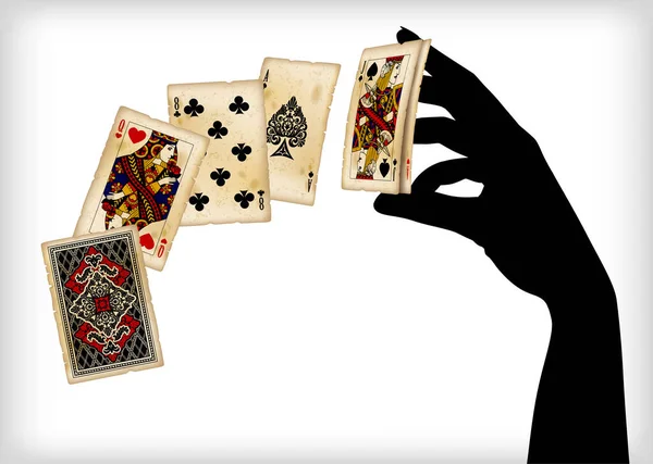 Черный Силуэт Женской Руки Бросающей Винтажные Игральные Карты Векторная Иллюстрация — стоковый вектор