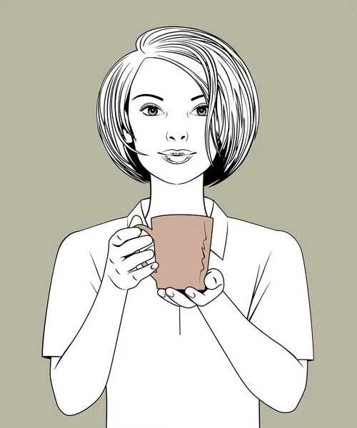 Chica Sostiene Una Taza Café Frente Misma Dibujo Lineal Retro — Archivo Imágenes Vectoriales