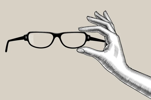 Zabytkowy Rysunek Kobiecych Dłoni Trzymających Okulary Ilustracja Wektora — Wektor stockowy