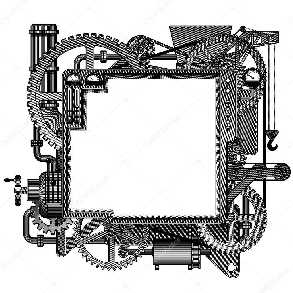 Complex iron fantastic machine with a white screen. Steampunk style template, poster and techno symbol. Vintage engraving stylized drawing. Vector illustration