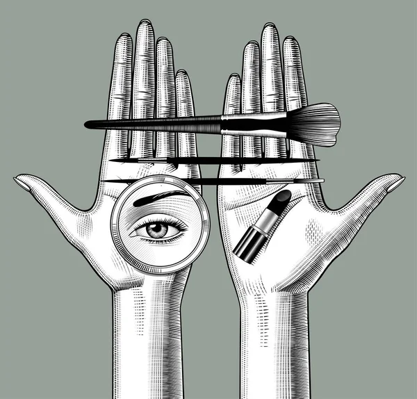 メイクブラシと女性の手 目の反射とラウンドミラー — ストックベクタ
