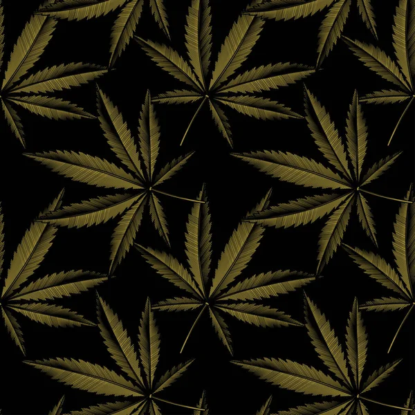 Cannabis Marihuana Bladeren Goud Met Hand Getekend Naadloos Patroon Vectorillustratie — Stockvector