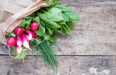 Bahar otlar, marul ve sebze kağıt pakette