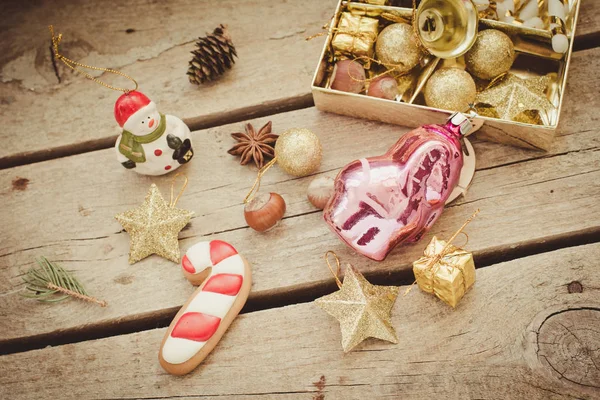 Christmas Decorations Wooden Background Toned Photo — Stock Photo, Image