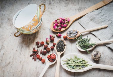Tahta kaşık arka planda, çay toplama yakın çekim