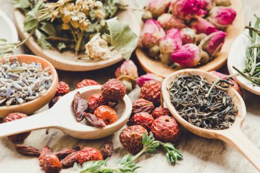 Tahta kaşık arka planda, çay toplama yakın çekim