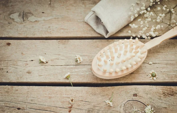 Close Wooden Soft Massage Brush Body Legs — Stock Photo, Image