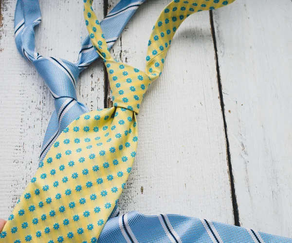 Man Colorful Ties Wooden Background — Stock Photo, Image