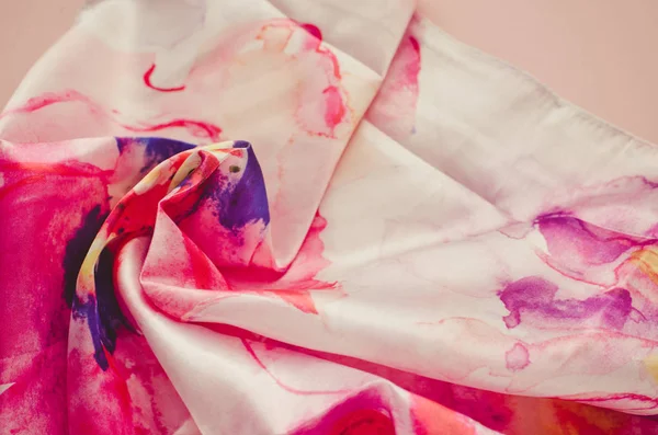 Photo silk fabric. Silk scarf with bright abstract print