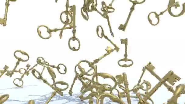 many golden keys fall on background, 3d animation
