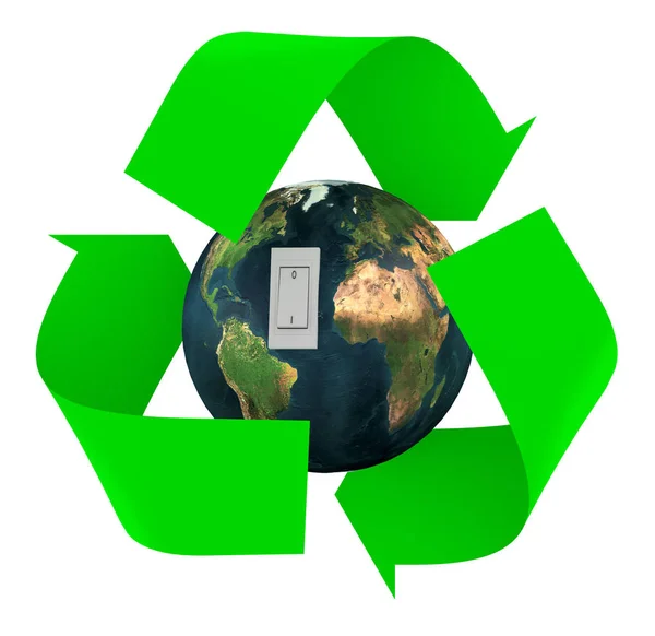 green recycle symbol with earth inside and switch, isolated 3d illustration.