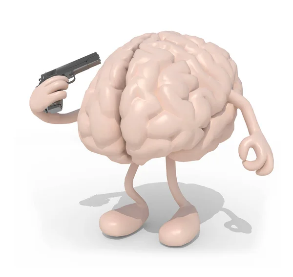 cartoon human brain with arms, legs pointing a gun to his temple, 3d illustration