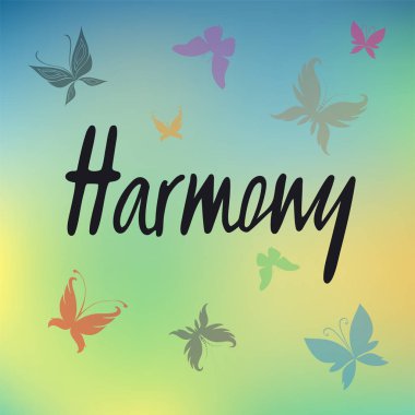 Harmony logo, el ilanı, afiş, davet veya tebrik kartı, kartpostal için vektör Illustration. Uyum tipografi poster. El ile yazılmış modern yazı. Uyum tırnak dokulu arka plan üzerinde.
