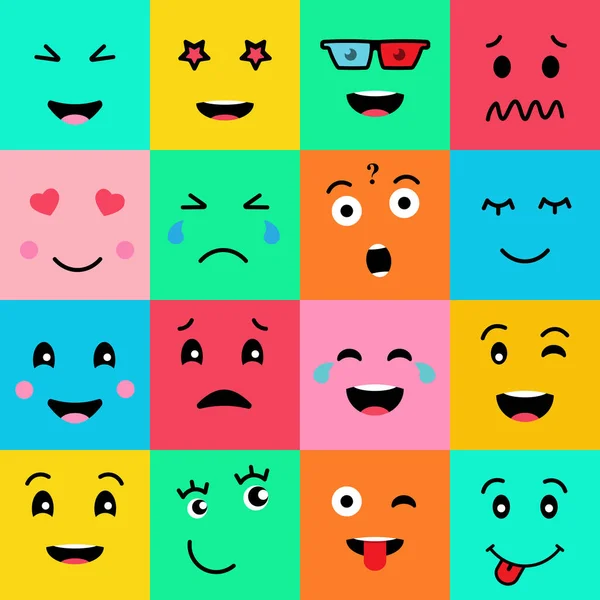 Ställ Samling Roliga Känslor Emoji Ansikten Olika Ansikten Färgstarka Bakgrund — Stock vektor
