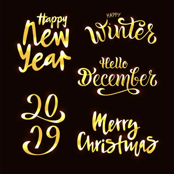 Winter vector illustration set. Gold inspiration lettering quotes. — Stock Vector