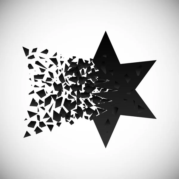 Vector of black star destruction shapes with debris isolated on vignette background. Explosion cloud of gradient geometric pieces. Abstract illustration.