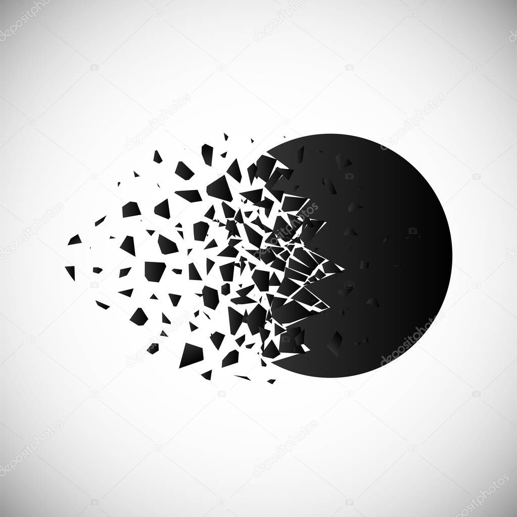 Vector of black circle destruction shapes with debris isolated on vignette background.