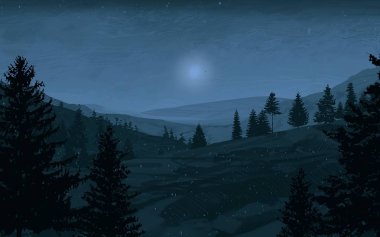 çam ağaçları ile gece dağlık manzara