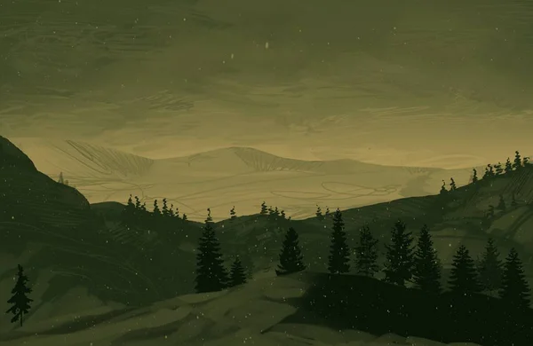Nacht Bergachtig Landschap Met Pijnbomen — Stockfoto