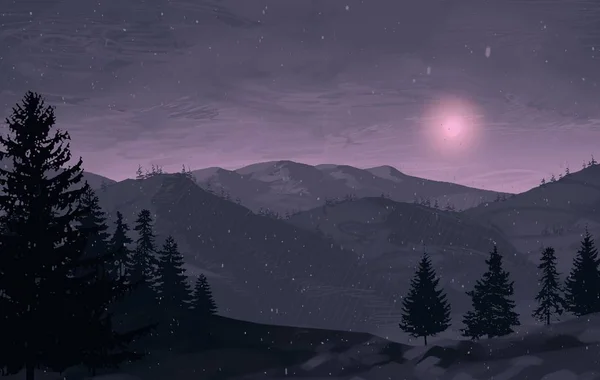 Nacht Bergige Landschaft Mit Kiefern — Stockfoto