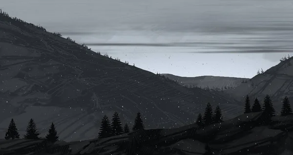 Nacht Bergige Landschaft Mit Kiefern — Stockfoto