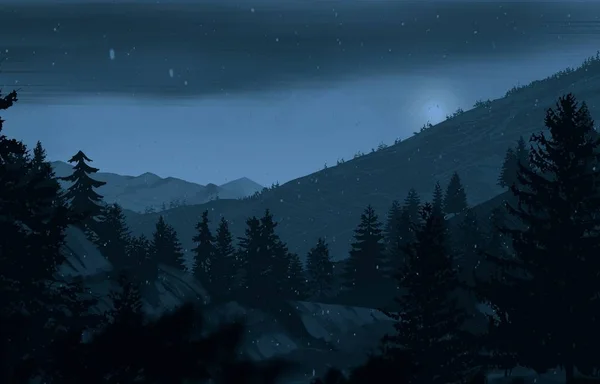 Ночной Горный Пейзаж Соснами — стоковое фото