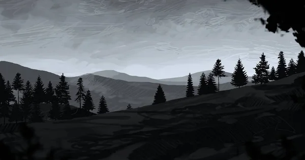 Нічний Гірський Краєвид Сосновими Деревами — стокове фото