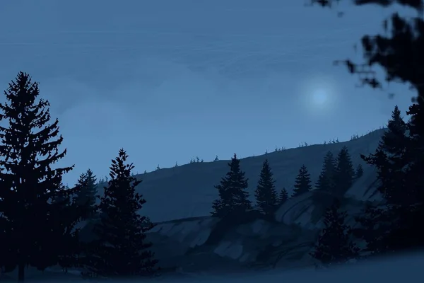 Nacht Bergachtig Landschap Met Pijnbomen — Stockfoto