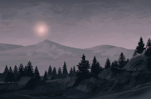 松の木と夜の山岳風景 — ストック写真