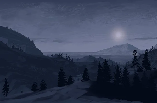 Vista Paisagem Montanhosa Noite — Fotografia de Stock