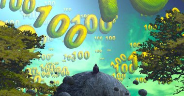 Yüz değer numarası. 2d illüstrasyon. Soyut rüya gibi motivasyonel görüntü. Hayali dünyada bir rüya da olan kişinin İllüstrasyon. Gözlem.