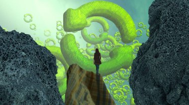 Dönüş. Geri dönüşüm işareti. 2d illüstrasyon. Soyut rüya gibi motivasyonel görüntü. Hayali dünyada bir kişinin rüyada olması nın illüstrasyonu.