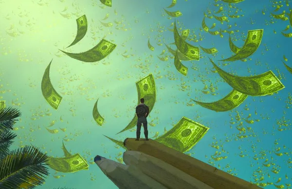 2d illustration. Abstract dreamlike motivational image. Illustration of person being in a dream in imaginary world. Money. Cash. Value