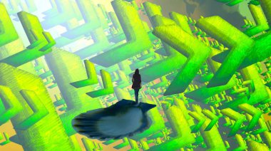 2d illüstrasyon kompozisyonu. Soyut rüya gibi motivasyonel görüntü. Hayali dünyada bir rüya da olan kişinin İllüstrasyon. Renkli zemin