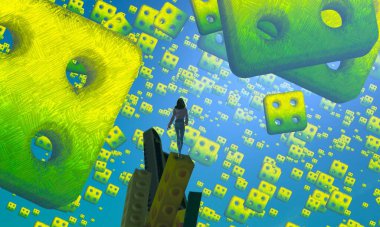 2d illüstrasyon. Soyut rüya gibi motivasyonel görüntü. Hayali dünyada bir rüya da olan kişinin İllüstrasyon. Gözlem. Zar sonucu.