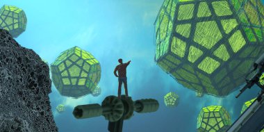 2d illüstrasyon. Soyut rüya gibi motivasyonel görüntü. Hayali dünyada bir kişinin rüyada olması nın illüstrasyonu. 