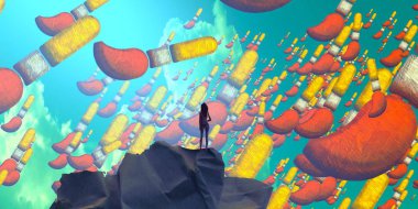 2d illüstrasyon kompozisyonu. Soyut rüya gibi motivasyonel görüntü. Hayali dünyada bir rüya da olan kişinin İllüstrasyon. Renkli zemin