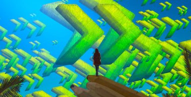 Havuzda renkli bir bina.