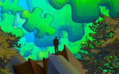 Soyut renkli arka plan, hayal gücü kavramı insan silueti.