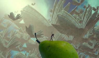 2d illüstrasyon. Soyut rüya gibi motivasyonel görüntü. Hayali dünyada bir kişinin rüyada olması nın illüstrasyonu. 