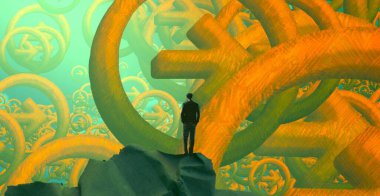 2d illüstrasyon kompozisyonu. Soyut rüya gibi motivasyonel görüntü. Hayali dünyada bir rüya da olan kişinin İllüstrasyon. Renkli zemin