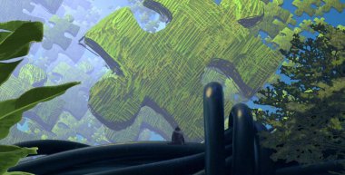 2d illüstrasyon. Soyut rüya gibi motivasyonel görüntü. Hayali dünyada bir rüya da olan kişinin İllüstrasyon. Bulmaca.