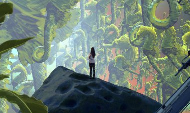 2d illustration. Abstract dreamlike motivational image. Illustration of person being in a dream in imaginary world. Sea horse.