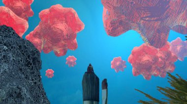 2d illüstrasyon. Soyut rüya gibi motivasyonel görüntü. Hayali dünyada bir rüya da olan kişinin İllüstrasyon. Sakızlı ayı.