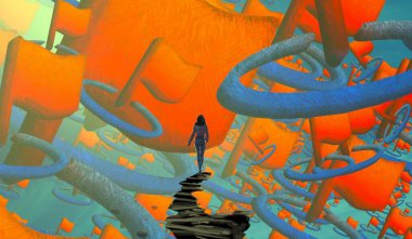 2d illüstrasyon kompozisyonu. Soyut rüya gibi motivasyonel görüntü. Hayali dünyada bir rüya da olan kişinin İllüstrasyon. Renkli zemin