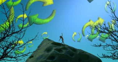 2d illüstrasyon kompozisyonu. Soyut rüya gibi motivasyonel görüntü. Hayali dünyada bir rüya da olan kişinin İllüstrasyon. Renkli zemin