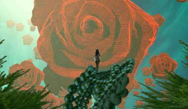 2d illüstrasyon. Soyut rüya gibi motivasyonel görüntü. Hayali dünyada bir rüya da olan kişinin İllüstrasyon. Gül çiçeği.