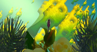 Soyut renkli arka plan, hayal gücü kavramı insan silueti.