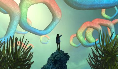 2d illüstrasyon. Soyut rüya gibi motivasyonel görüntü. Hayali dünyada bir kişinin rüyada olması nın illüstrasyonu.